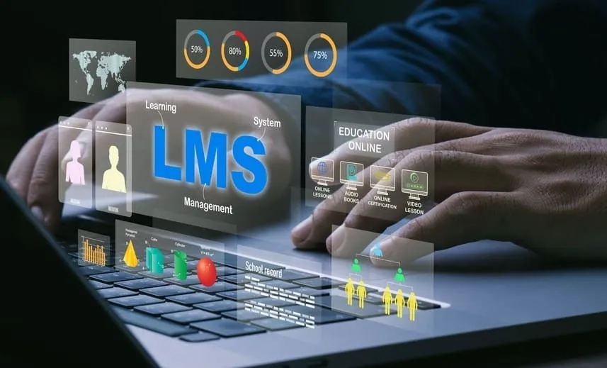 Hands on a laptop with a learning management system dashboard overlay